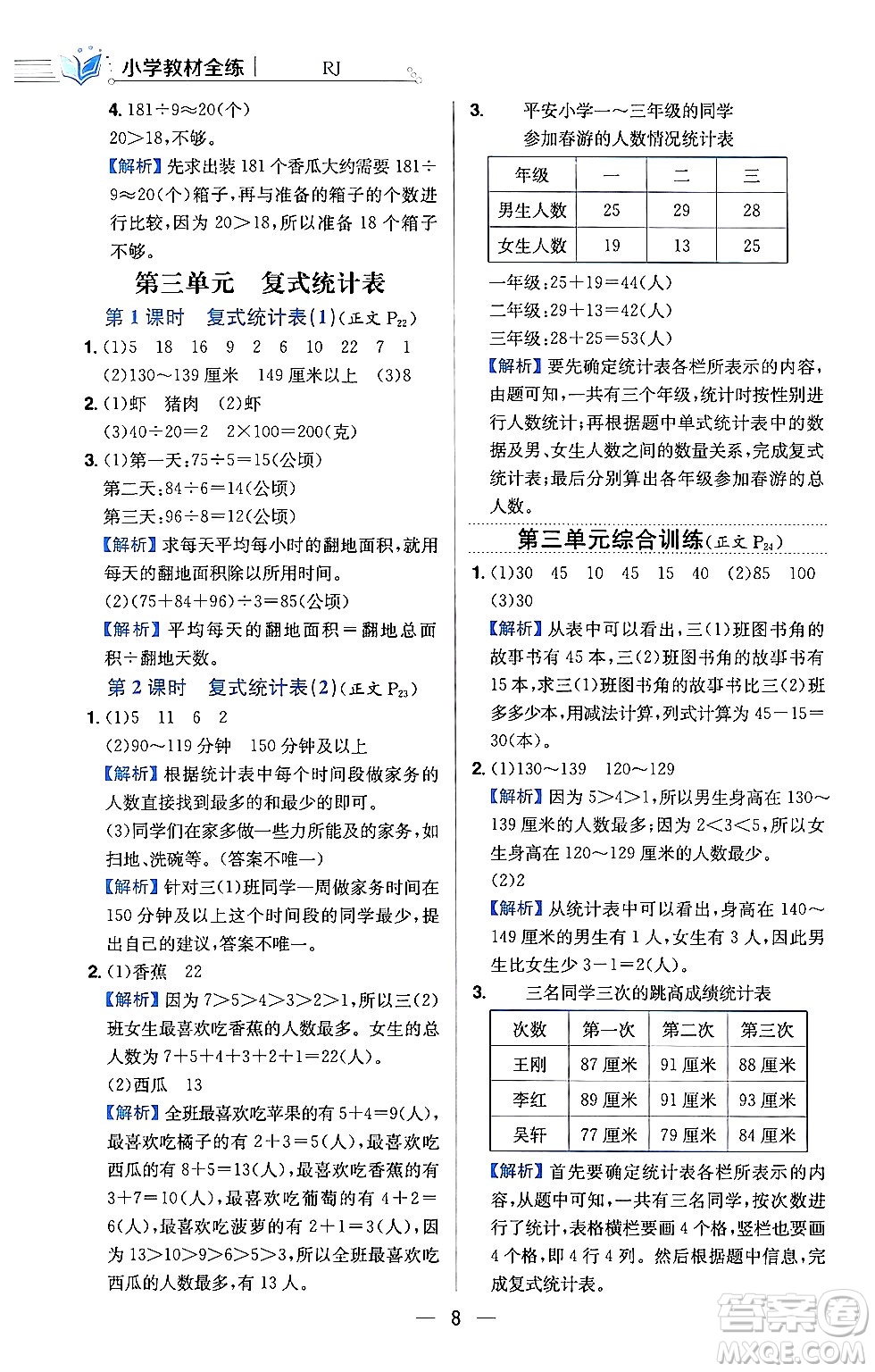 陜西人民教育出版社2024年春小學教材全練三年級數學下冊人教版天津專版答案