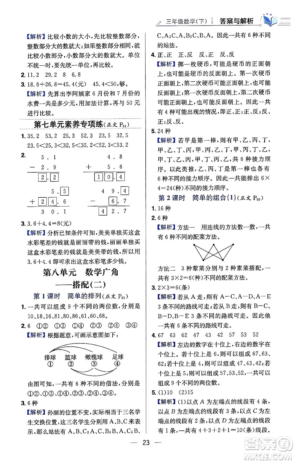 陜西人民教育出版社2024年春小學教材全練三年級數學下冊人教版天津專版答案