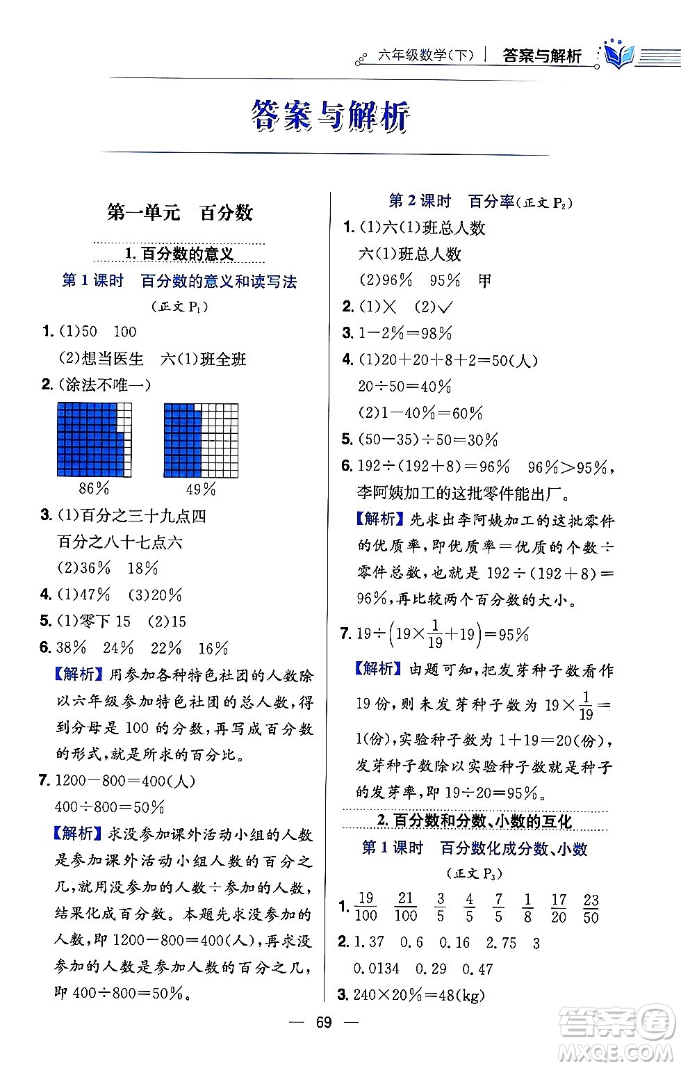 陜西人民教育出版社2024年春小學(xué)教材全練六年級數(shù)學(xué)下冊西師大版答案