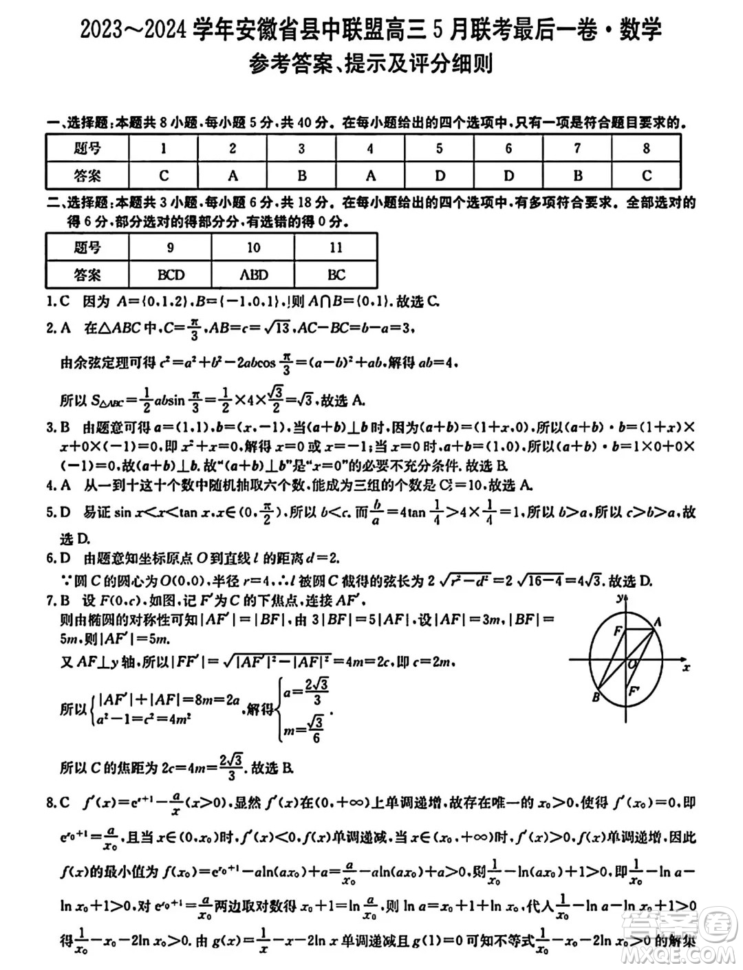 2024屆安徽縣中聯(lián)盟高三下學(xué)期5月聯(lián)考三模數(shù)學(xué)試題答案