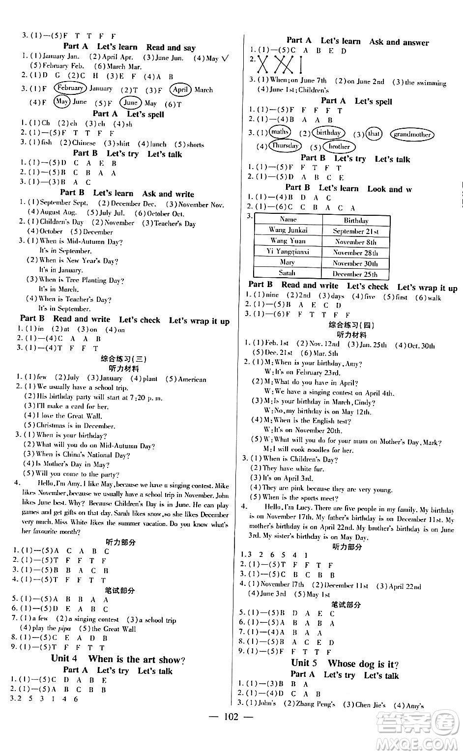 陽(yáng)光出版社2024年春快樂練習(xí)作業(yè)本五年級(jí)英語(yǔ)下冊(cè)人教版答案