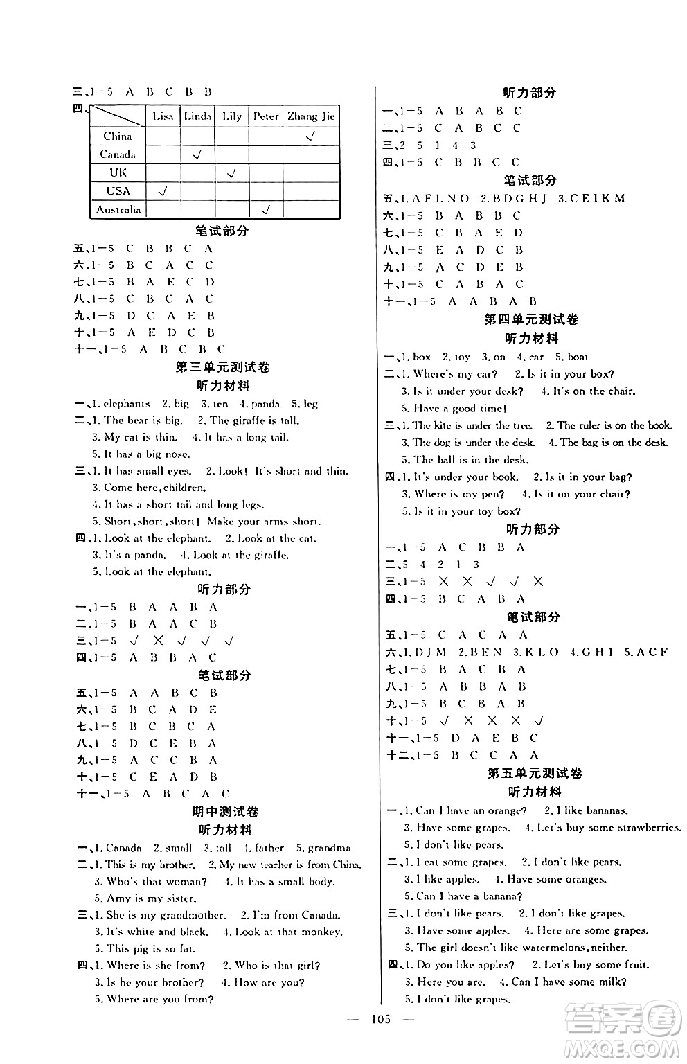 陽光出版社2024年春快樂練習作業(yè)本三年級英語下冊人教版答案