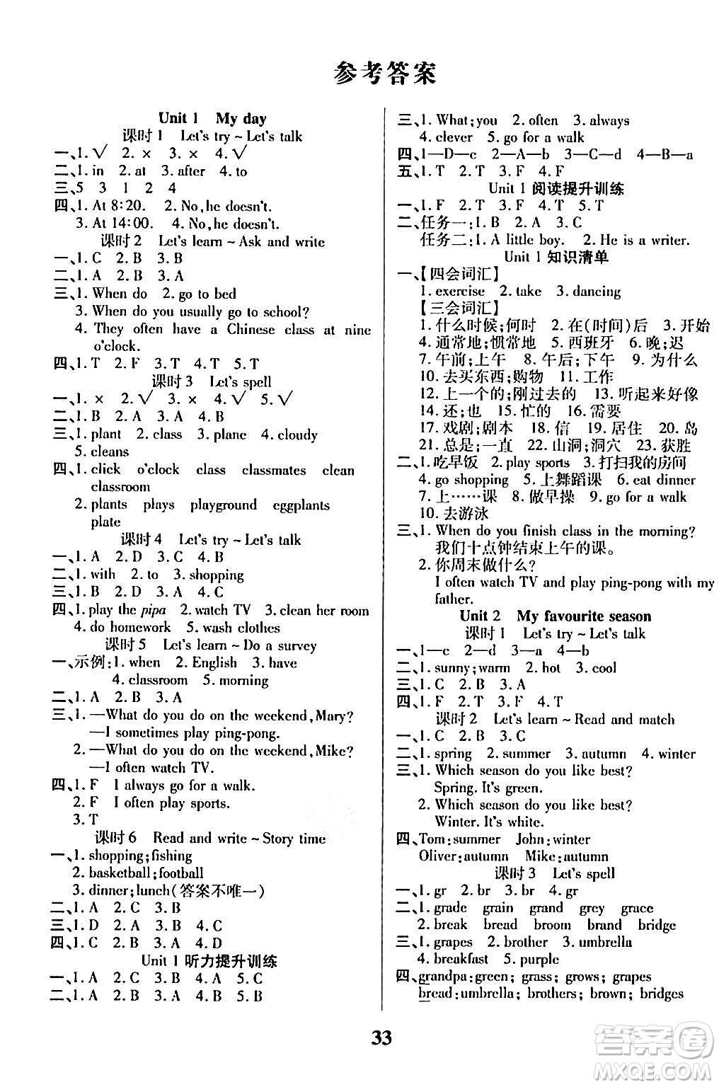 沈陽出版社2024年春培優(yōu)小狀元優(yōu)秀三好生分層作業(yè)五年級英語下冊通用版答案