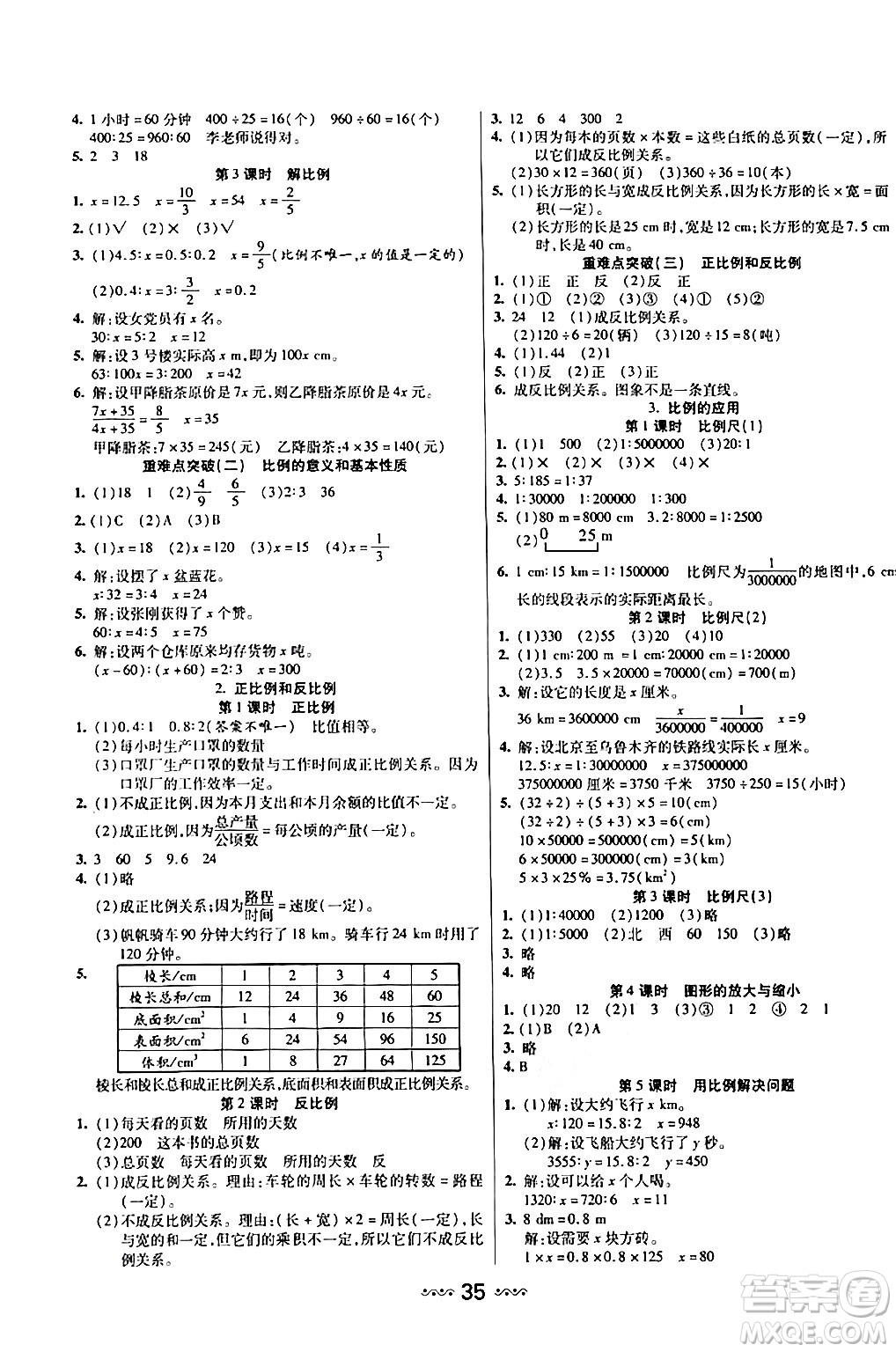 河北少年兒童出版社出版社2024年春輕松練一線課堂六年級數學下冊人教版答案