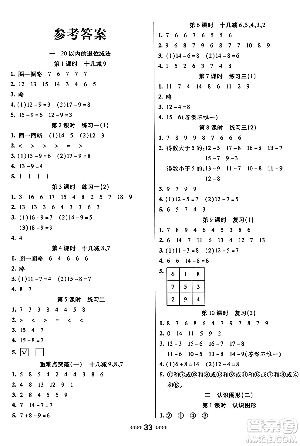 河北少年兒童出版社出版社2024年春輕松練一線課堂一年級數(shù)學下冊人教版答案