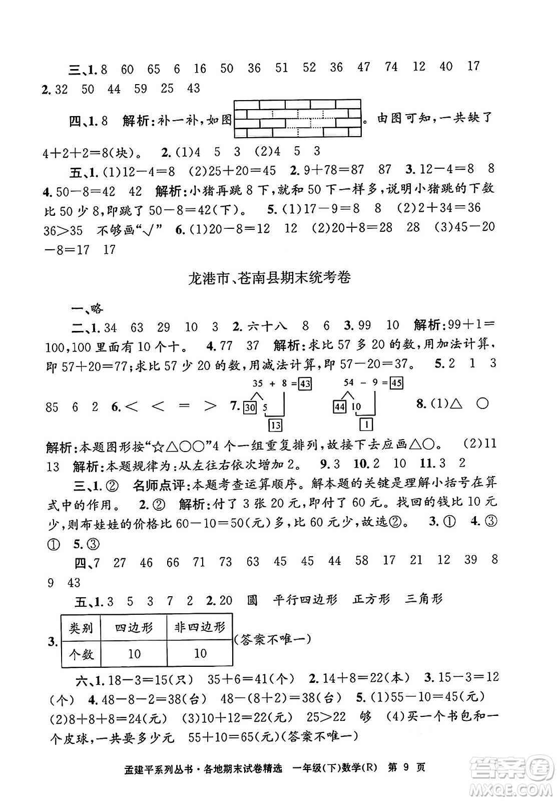 浙江工商大學(xué)出版社2024年春孟建平各地期末試卷精選一年級數(shù)學(xué)下冊人教版浙江專版答案