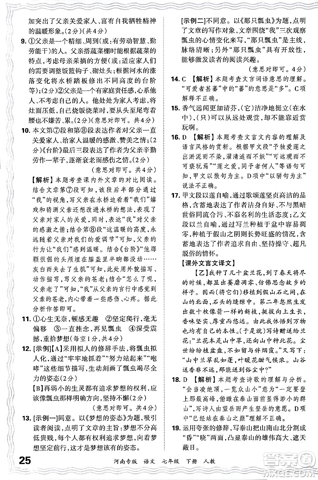 江西人民出版社2024年春王朝霞各地期末試卷精選七年級(jí)語(yǔ)文下冊(cè)人教版河南專版答案