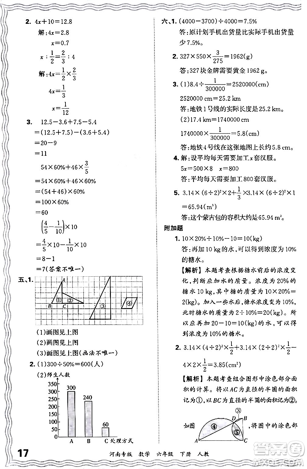 江西人民出版社2024年春王朝霞各地期末試卷精選六年級數(shù)學(xué)下冊人教版河南專版答案