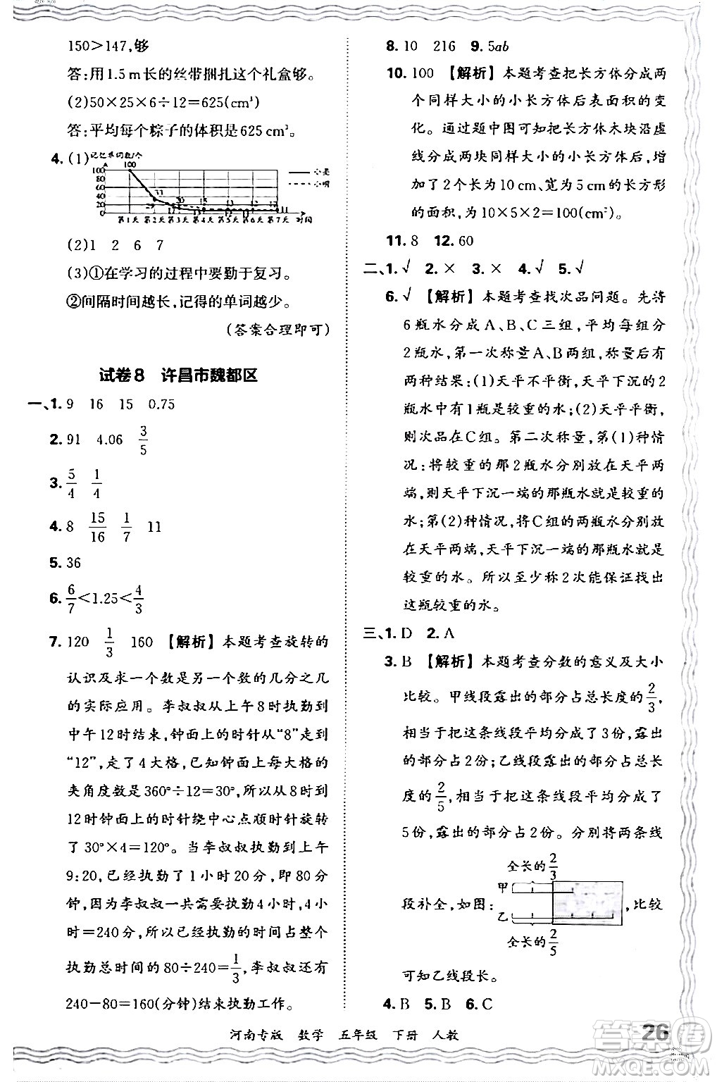 江西人民出版社2024年春王朝霞各地期末試卷精選五年級數(shù)學(xué)下冊人教版河南專版答案