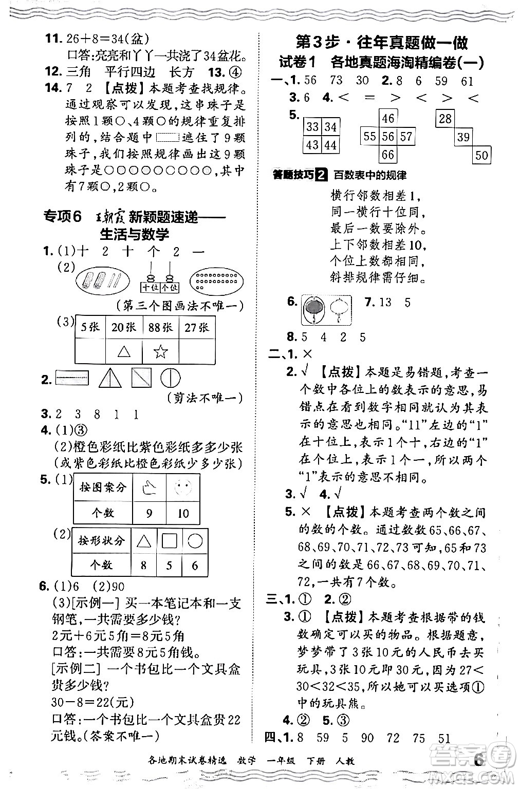 江西人民出版社2024年春王朝霞各地期末試卷精選一年級數(shù)學下冊人教版答案