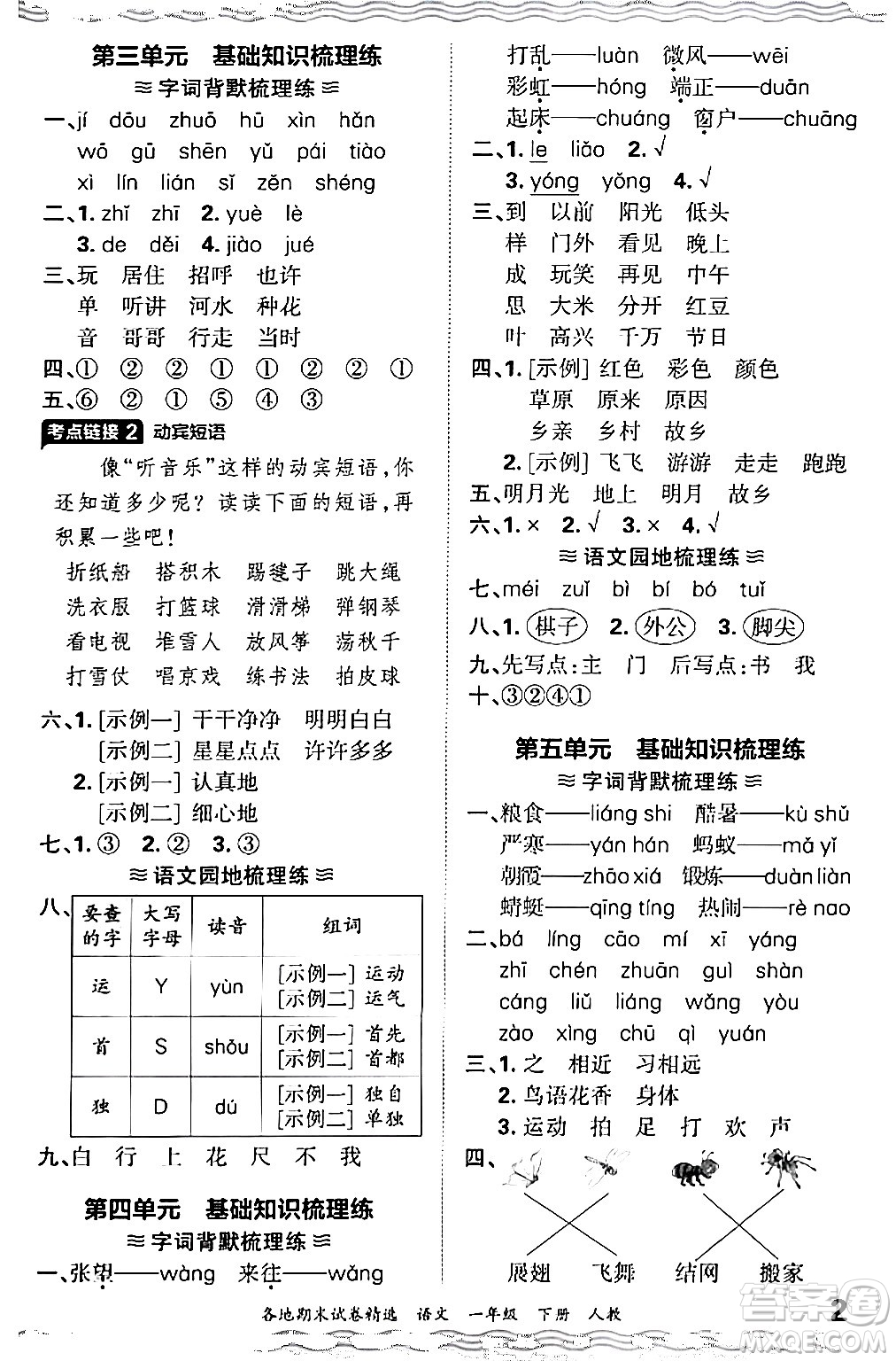 江西人民出版社2024年春王朝霞各地期末試卷精選一年級(jí)語(yǔ)文下冊(cè)人教版答案