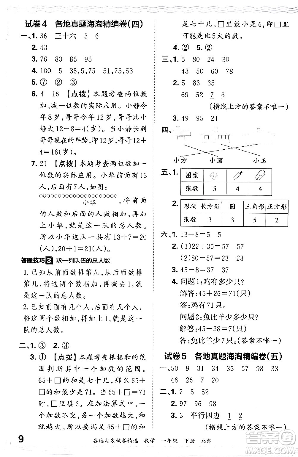 江西人民出版社2024年春王朝霞各地期末試卷精選一年級數(shù)學(xué)下冊北師大版答案