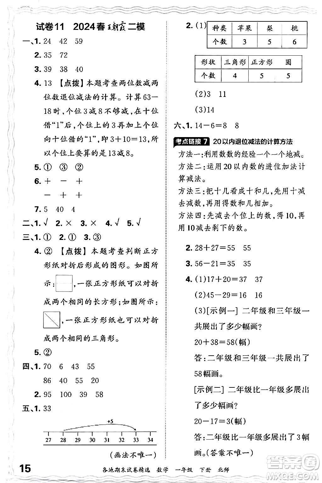 江西人民出版社2024年春王朝霞各地期末試卷精選一年級數(shù)學(xué)下冊北師大版答案