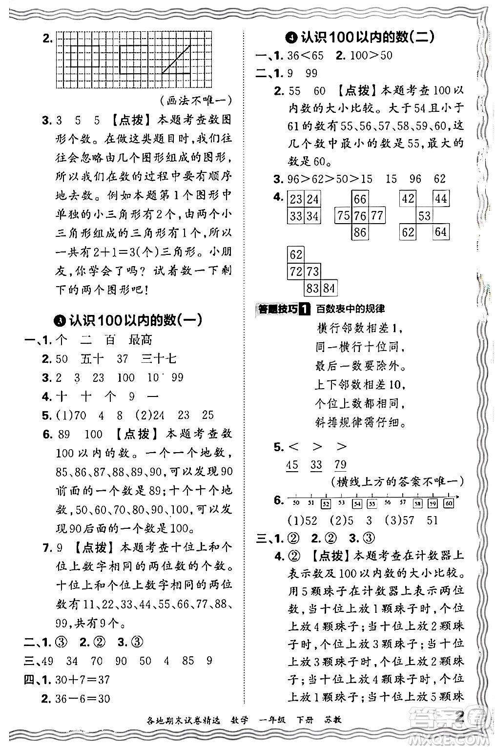 江西人民出版社2024年春王朝霞各地期末試卷精選一年級數(shù)學(xué)下冊蘇教版答案