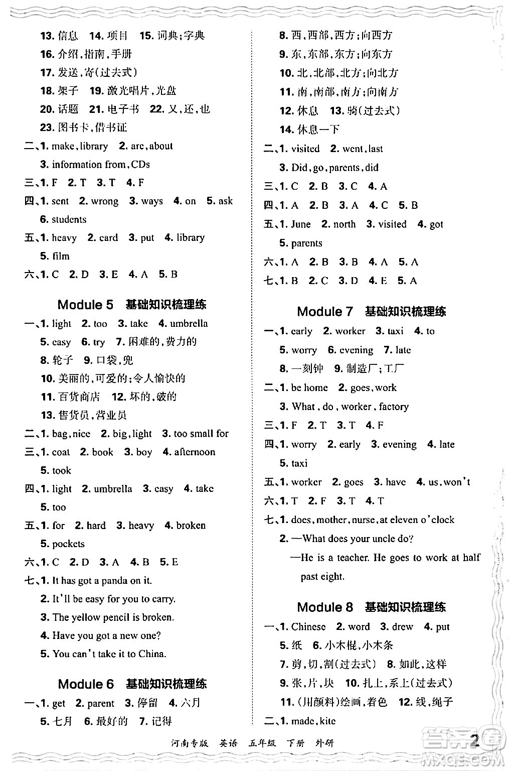 江西人民出版社2024年春王朝霞各地期末試卷精選五年級英語下冊外研版河南專版答案