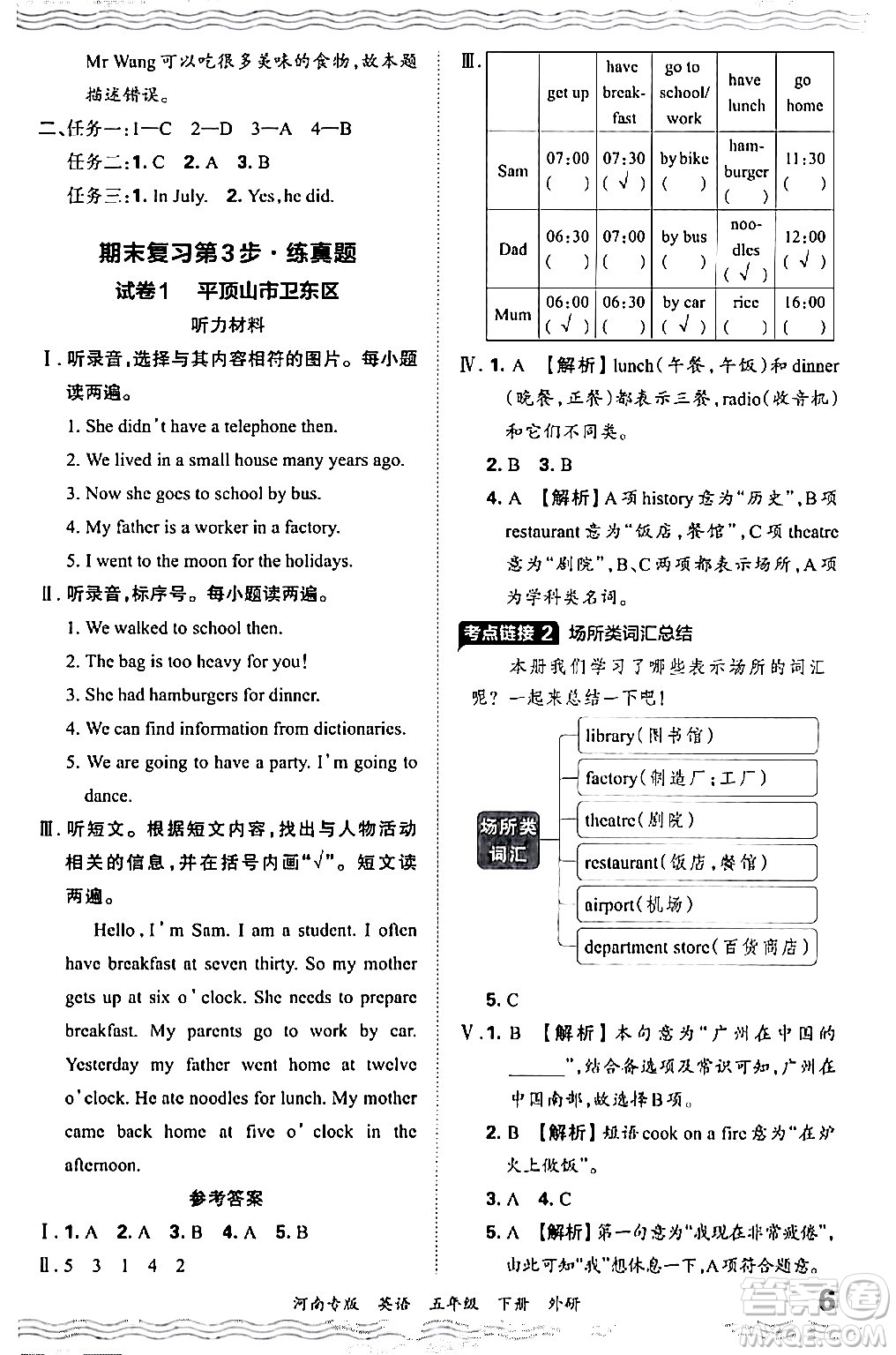 江西人民出版社2024年春王朝霞各地期末試卷精選五年級英語下冊外研版河南專版答案