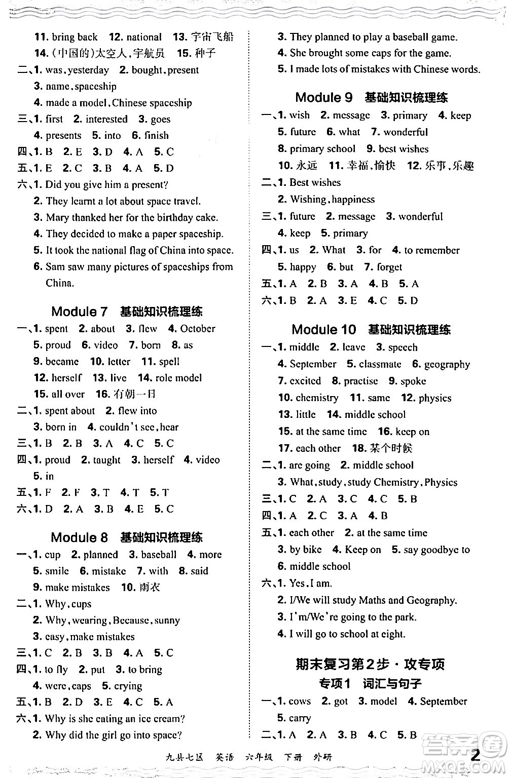 江西人民出版社2024年春王朝霞各地期末試卷精選六年級(jí)英語下冊(cè)外研版洛陽專版答案