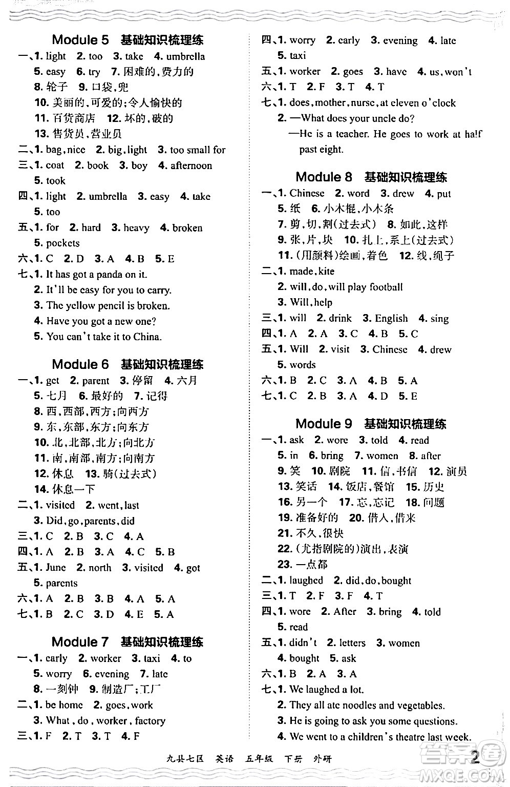 江西人民出版社2024年春王朝霞各地期末試卷精選五年級(jí)英語(yǔ)下冊(cè)外研版洛陽(yáng)專版答案