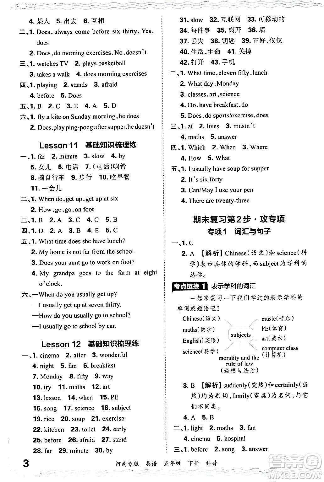 江西人民出版社2024年春王朝霞各地期末試卷精選五年級英語下冊科普版河南專版答案