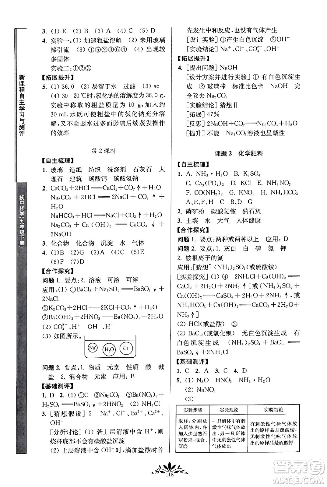 南京師范大學(xué)出版社2024年春新課程自主學(xué)習(xí)與測評(píng)九年級(jí)化學(xué)下冊(cè)人教版答案