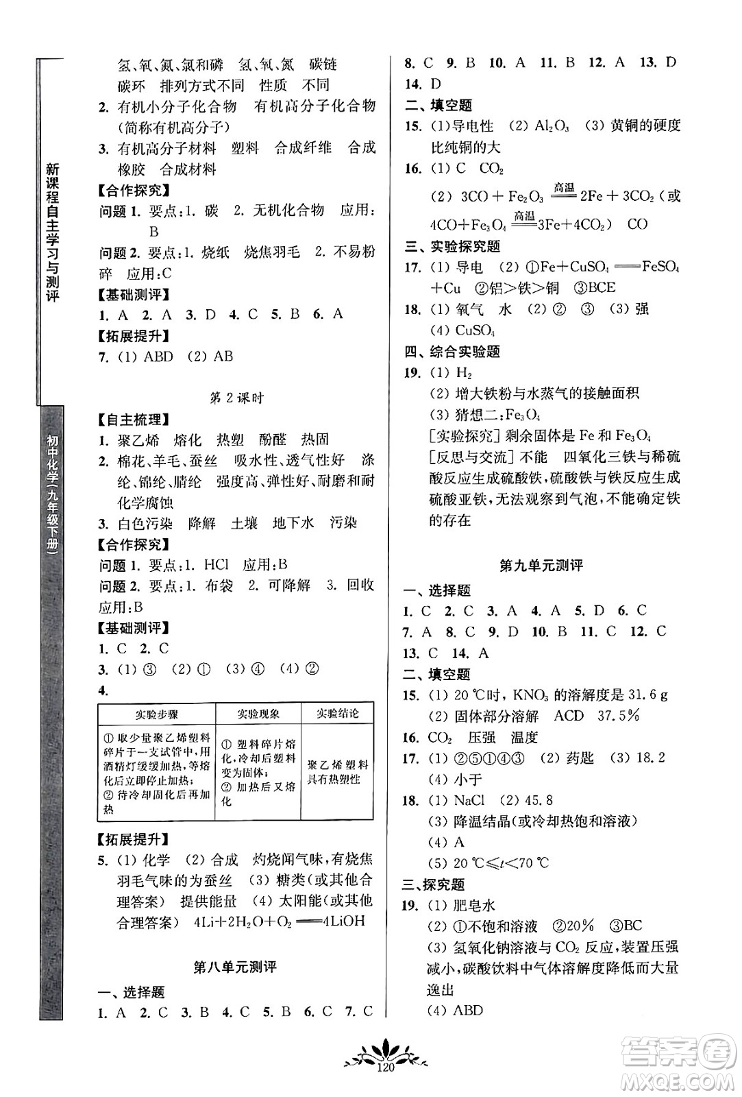 南京師范大學(xué)出版社2024年春新課程自主學(xué)習(xí)與測評(píng)九年級(jí)化學(xué)下冊(cè)人教版答案