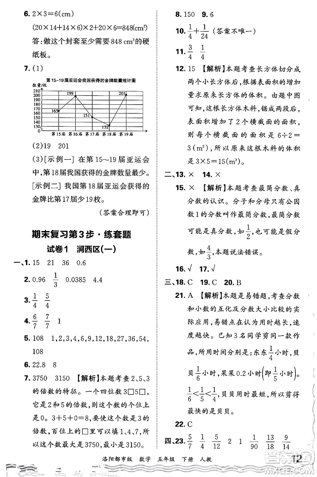 江西人民出版社2024年春王朝霞各地期末試卷精選五年級數(shù)學下冊人教版洛陽專版答案