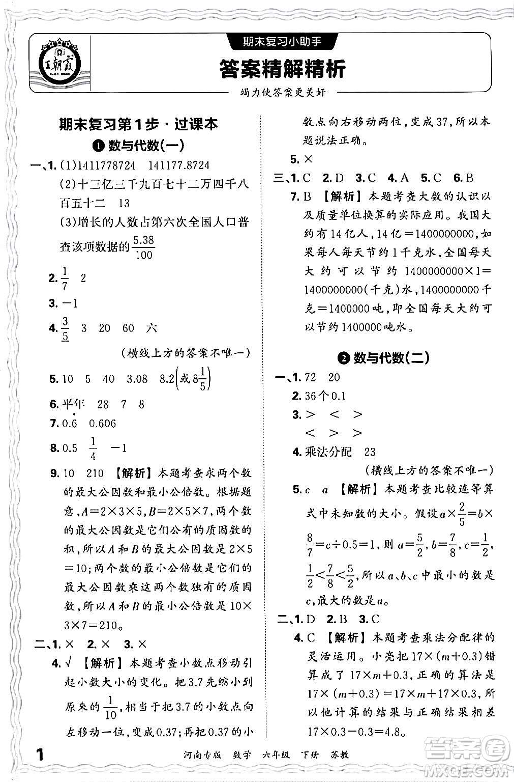 江西人民出版社2024年春王朝霞各地期末試卷精選六年級(jí)數(shù)學(xué)下冊(cè)蘇教版河南專(zhuān)版答案