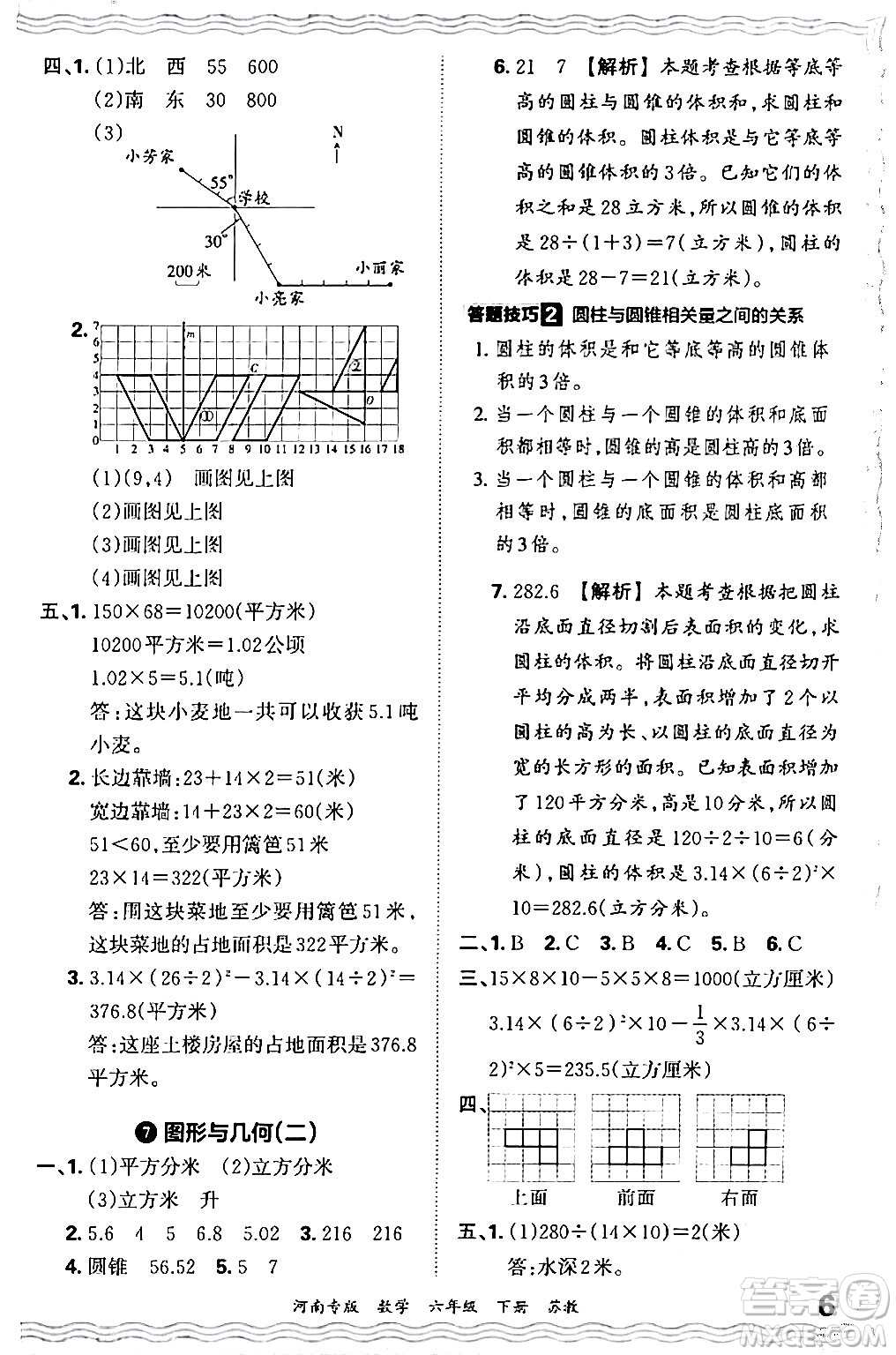 江西人民出版社2024年春王朝霞各地期末試卷精選六年級(jí)數(shù)學(xué)下冊(cè)蘇教版河南專(zhuān)版答案