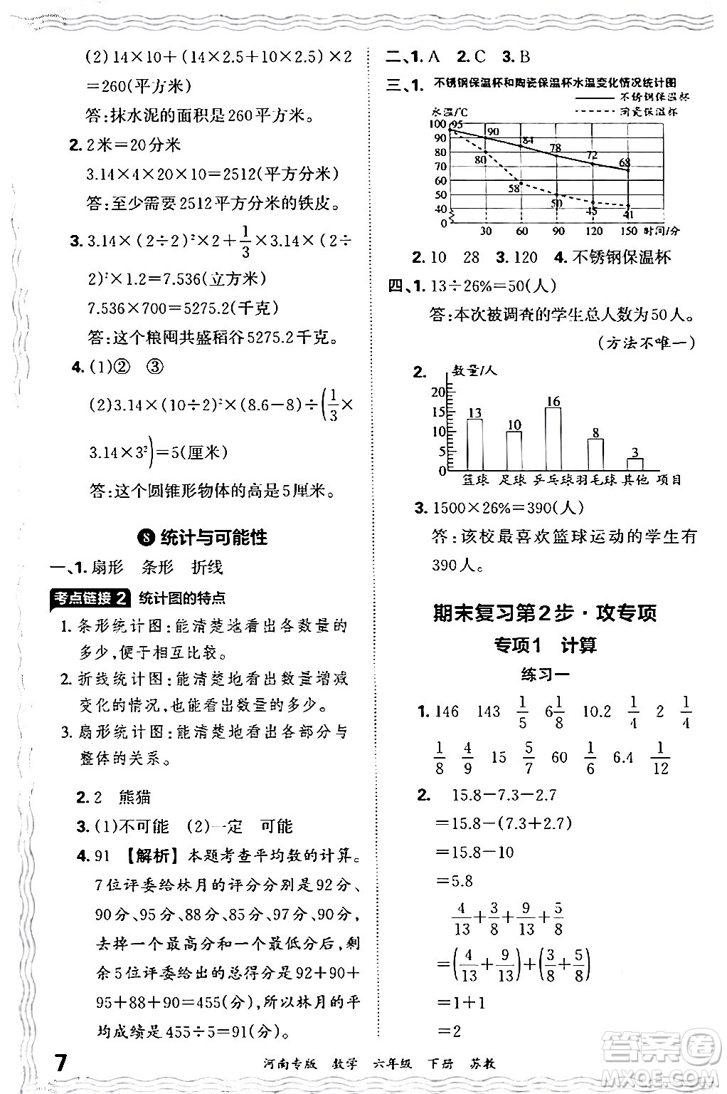 江西人民出版社2024年春王朝霞各地期末試卷精選六年級(jí)數(shù)學(xué)下冊(cè)蘇教版河南專(zhuān)版答案