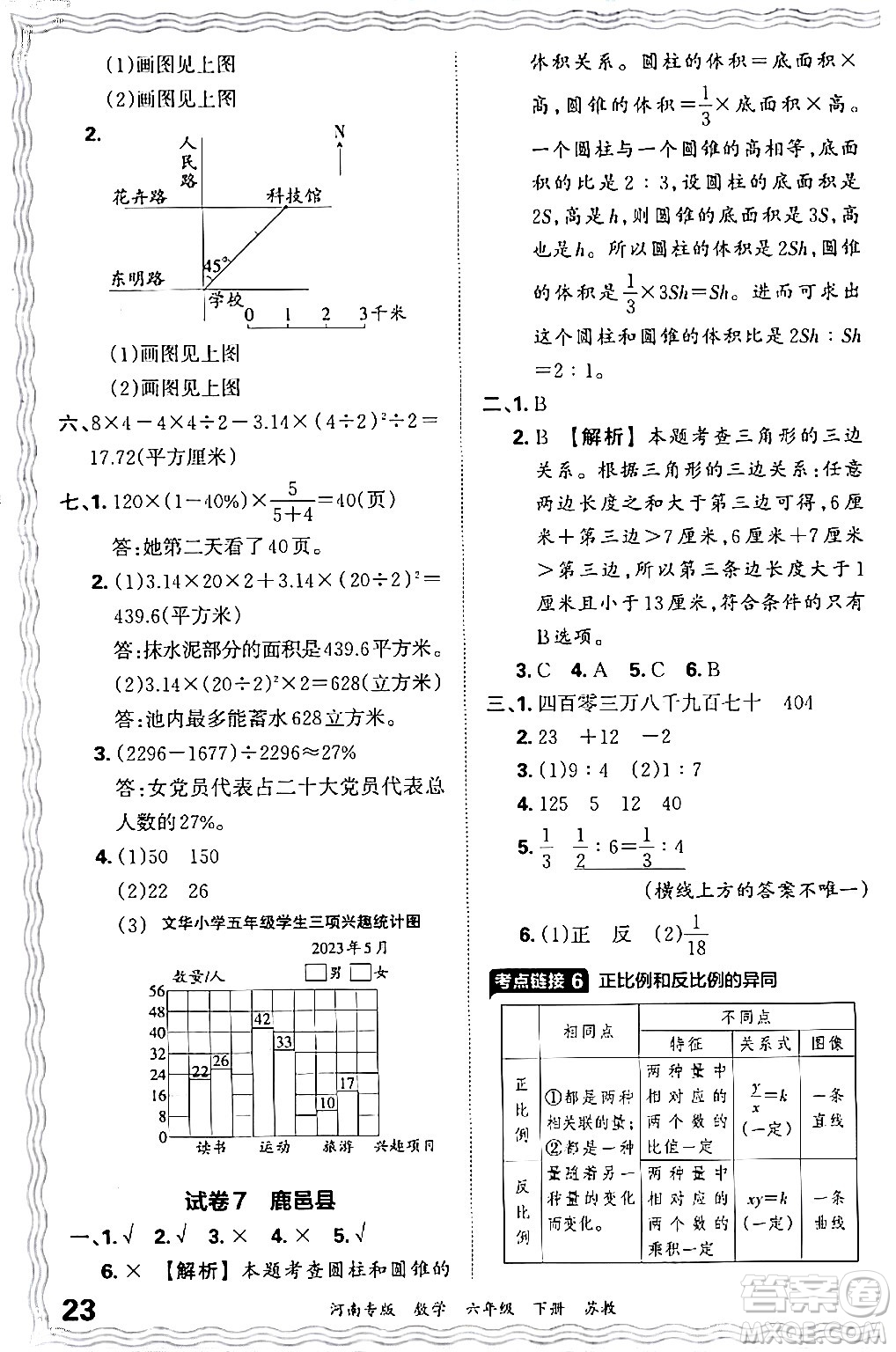 江西人民出版社2024年春王朝霞各地期末試卷精選六年級(jí)數(shù)學(xué)下冊(cè)蘇教版河南專(zhuān)版答案