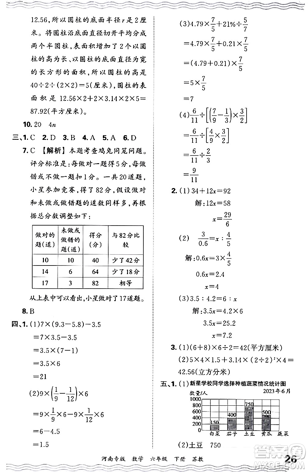 江西人民出版社2024年春王朝霞各地期末試卷精選六年級(jí)數(shù)學(xué)下冊(cè)蘇教版河南專(zhuān)版答案