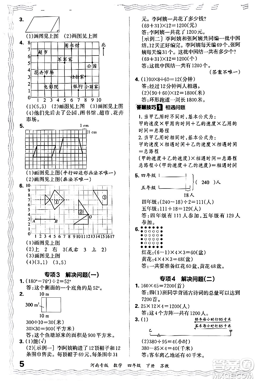 江西人民出版社2024年春王朝霞各地期末試卷精選四年級數(shù)學(xué)下冊蘇教版河南專版答案