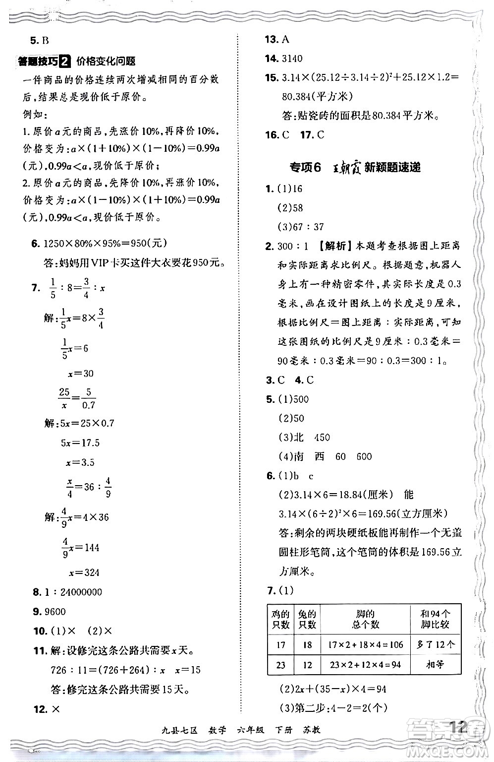 江西人民出版社2024年春王朝霞各地期末試卷精選六年級數(shù)學(xué)下冊蘇教版洛陽專版答案