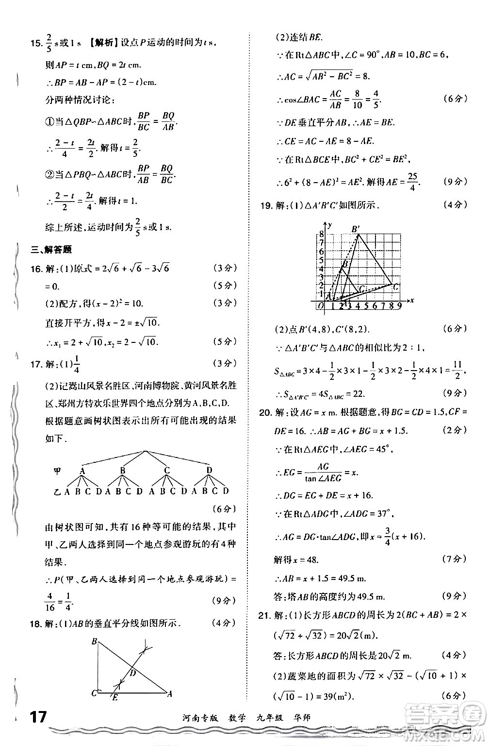 江西人民出版社2024年春王朝霞各地期末試卷精選九年級(jí)數(shù)學(xué)下冊(cè)華師版河南專版答案