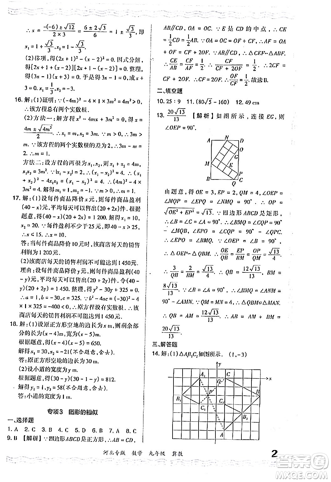 江西人民出版社2024年春王朝霞各地期末試卷精選九年級(jí)數(shù)學(xué)下冊(cè)冀教版河北專版答案