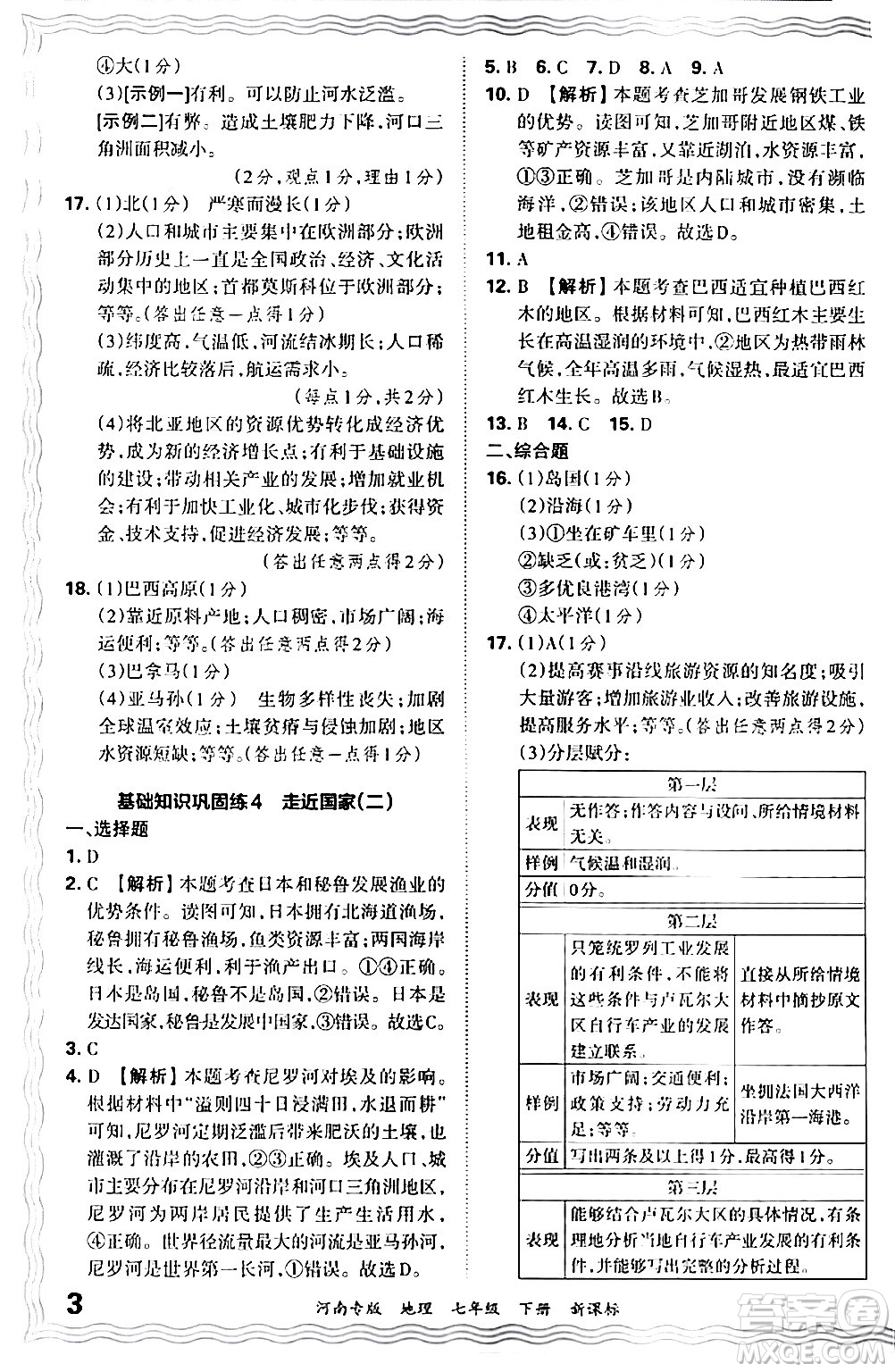 江西人民出版社2024年春王朝霞各地期末試卷精選七年級(jí)地理下冊新課標(biāo)版河南專版答案