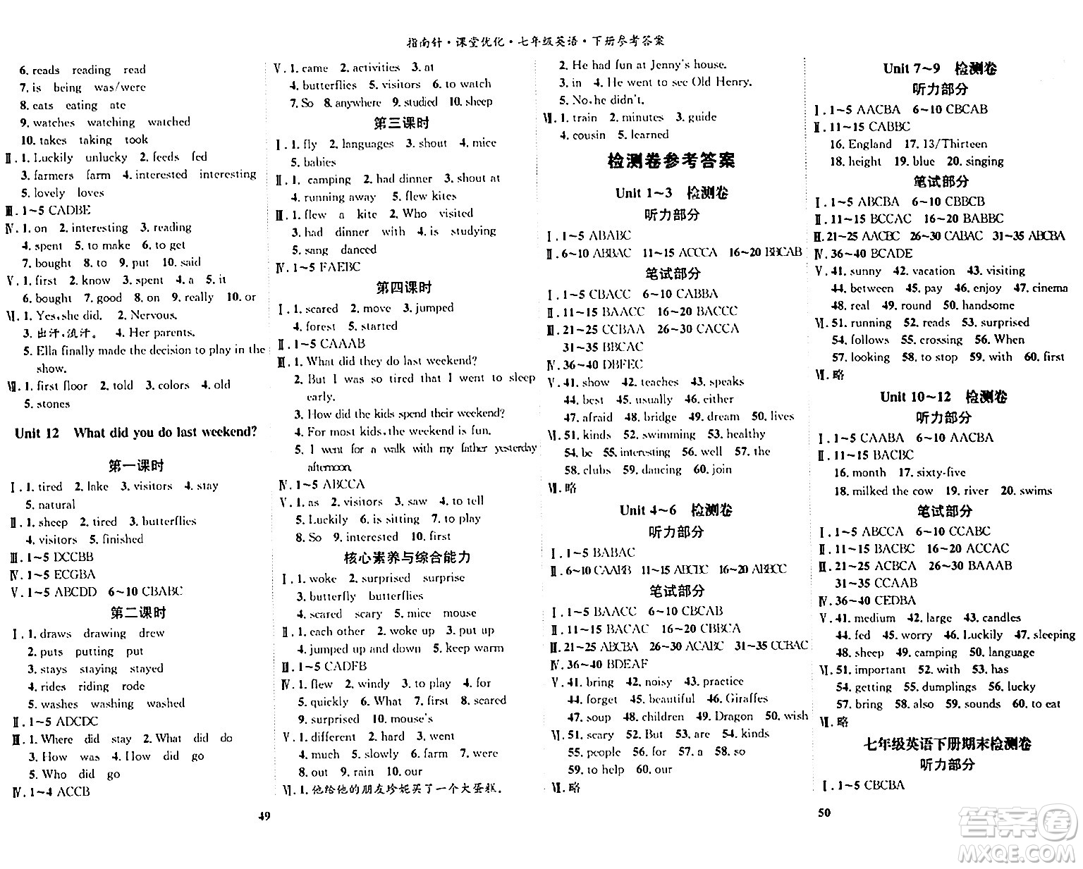 吉林教育出版社2024年春指南針課堂優(yōu)化七年級(jí)英語(yǔ)下冊(cè)人教版答案