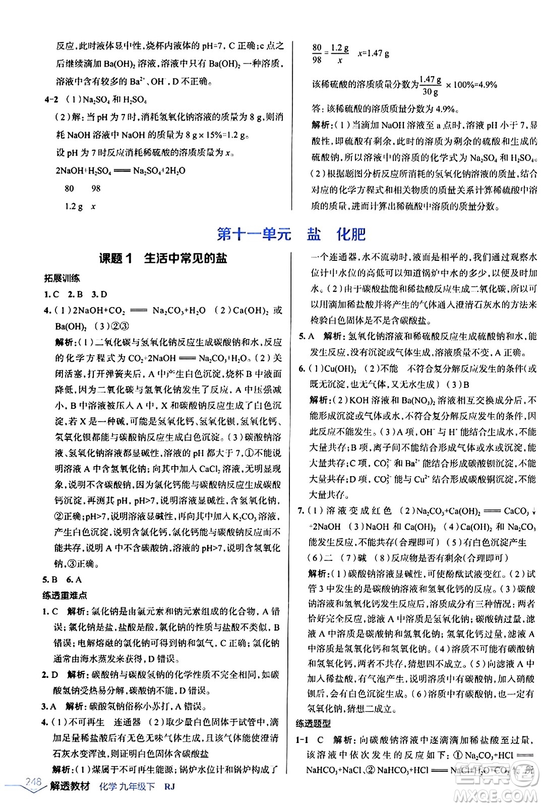 遼海出版社2024年春解透教材九年級化學(xué)下冊人教版答案