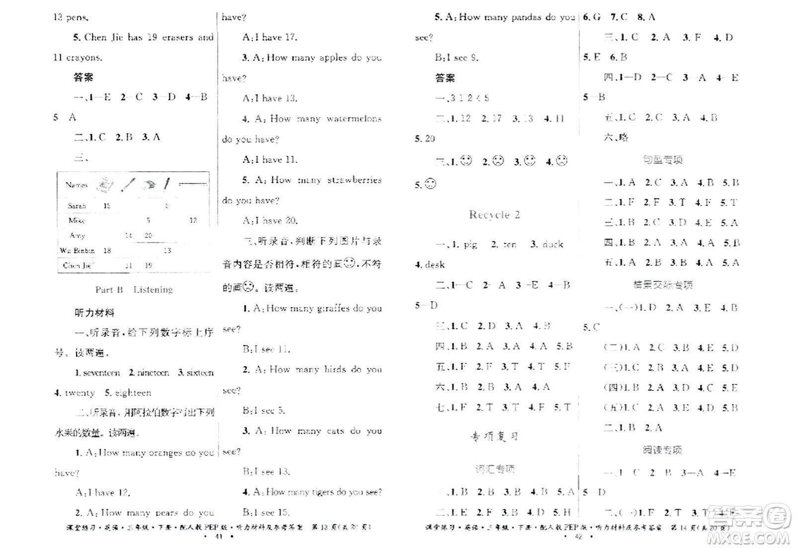 貴州人民出版社2024年春課堂練習(xí)三年級(jí)英語下冊(cè)人教PEP版答案