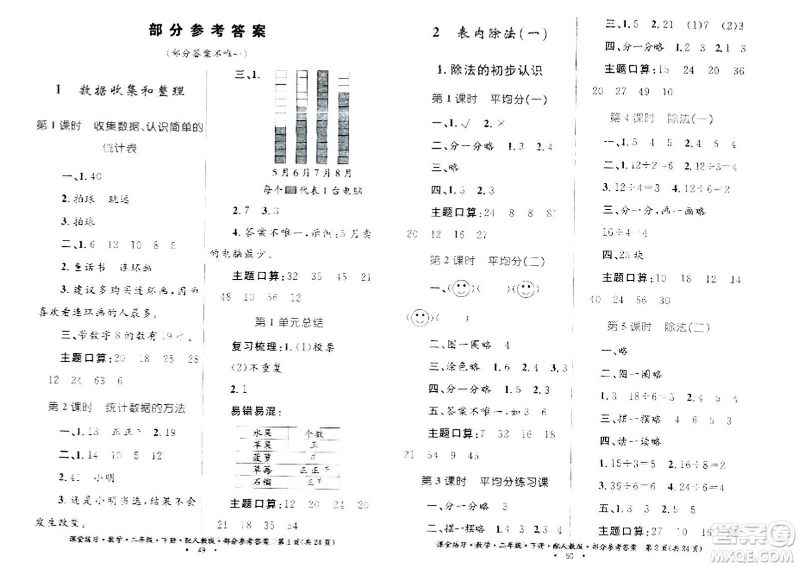 貴州人民出版社2024年春課堂練習(xí)二年級(jí)數(shù)學(xué)下冊(cè)人教版答案