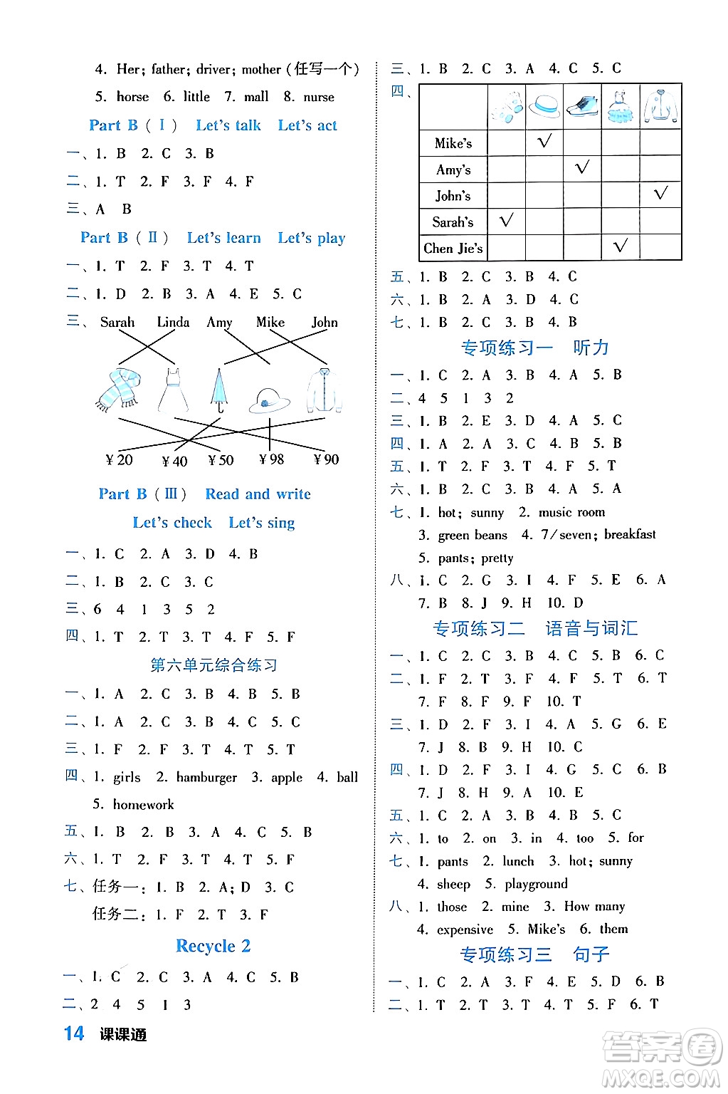 合肥工業(yè)大學出版社2024年春黃岡課課通同步隨堂檢測四年級英語下冊人教版答案