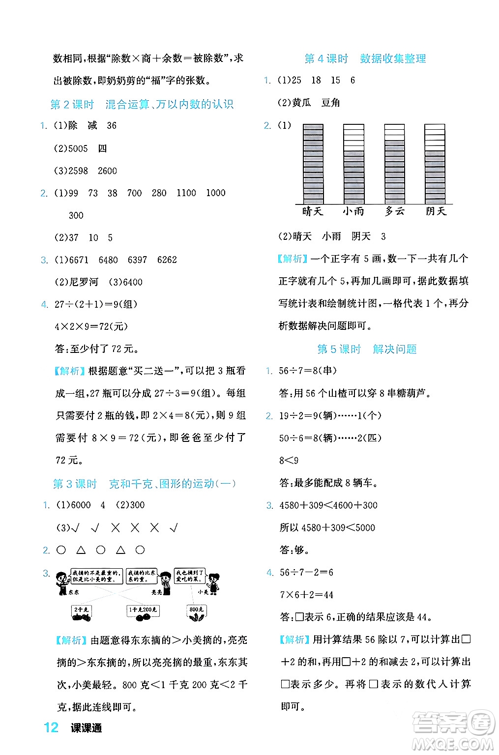 合肥工業(yè)大學(xué)出版社2024年春黃岡課課通同步隨堂檢測(cè)二年級(jí)數(shù)學(xué)下冊(cè)人教版答案