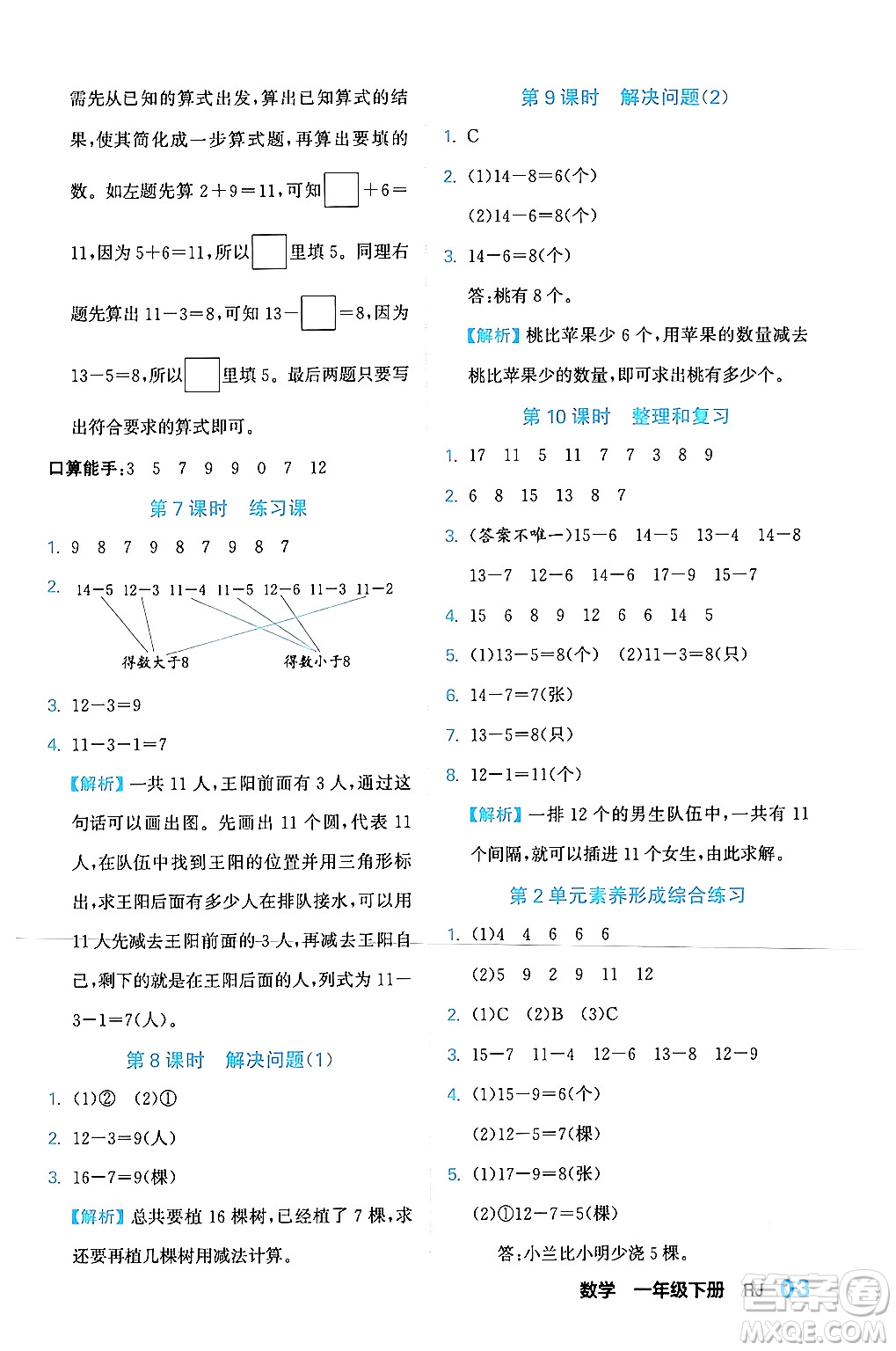 合肥工業(yè)大學出版社2024年春黃岡課課通同步隨堂檢測一年級數(shù)學下冊人教版答案