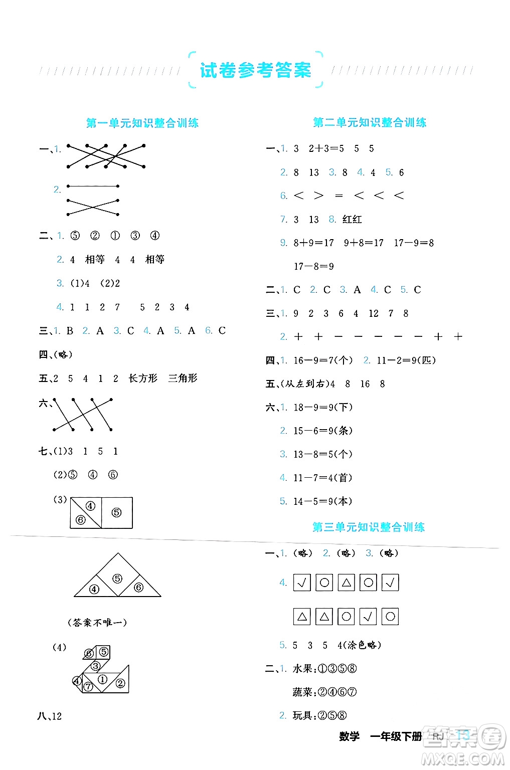 合肥工業(yè)大學出版社2024年春黃岡課課通同步隨堂檢測一年級數(shù)學下冊人教版答案