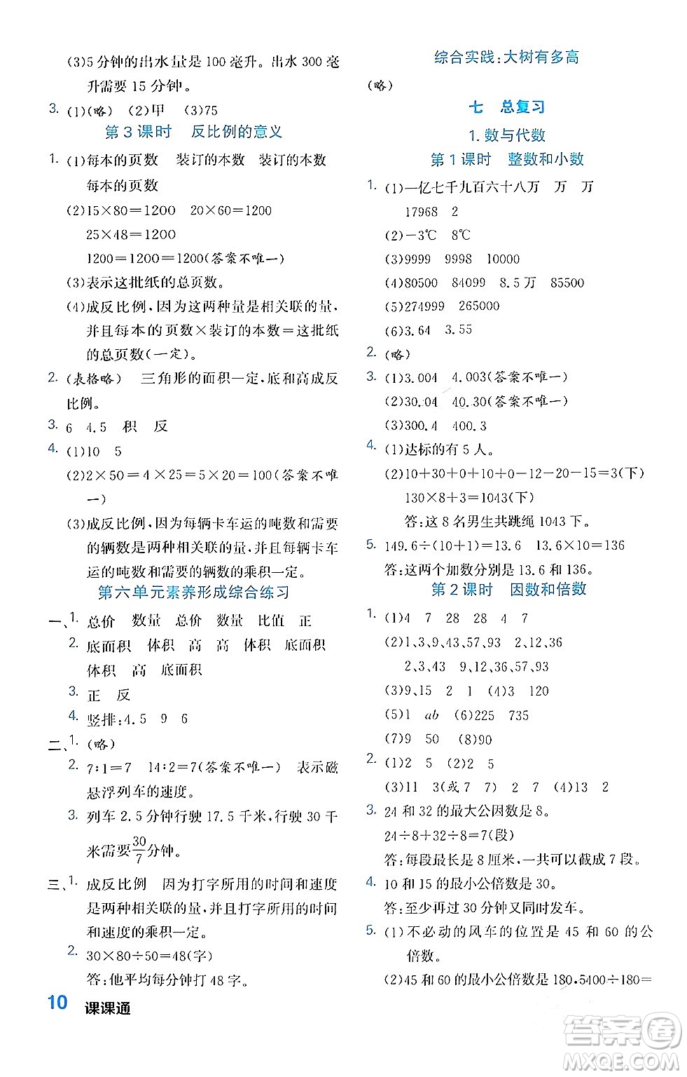 合肥工業(yè)大學(xué)出版社2024年春黃岡課課通同步隨堂檢測六年級數(shù)學(xué)下冊蘇教版答案