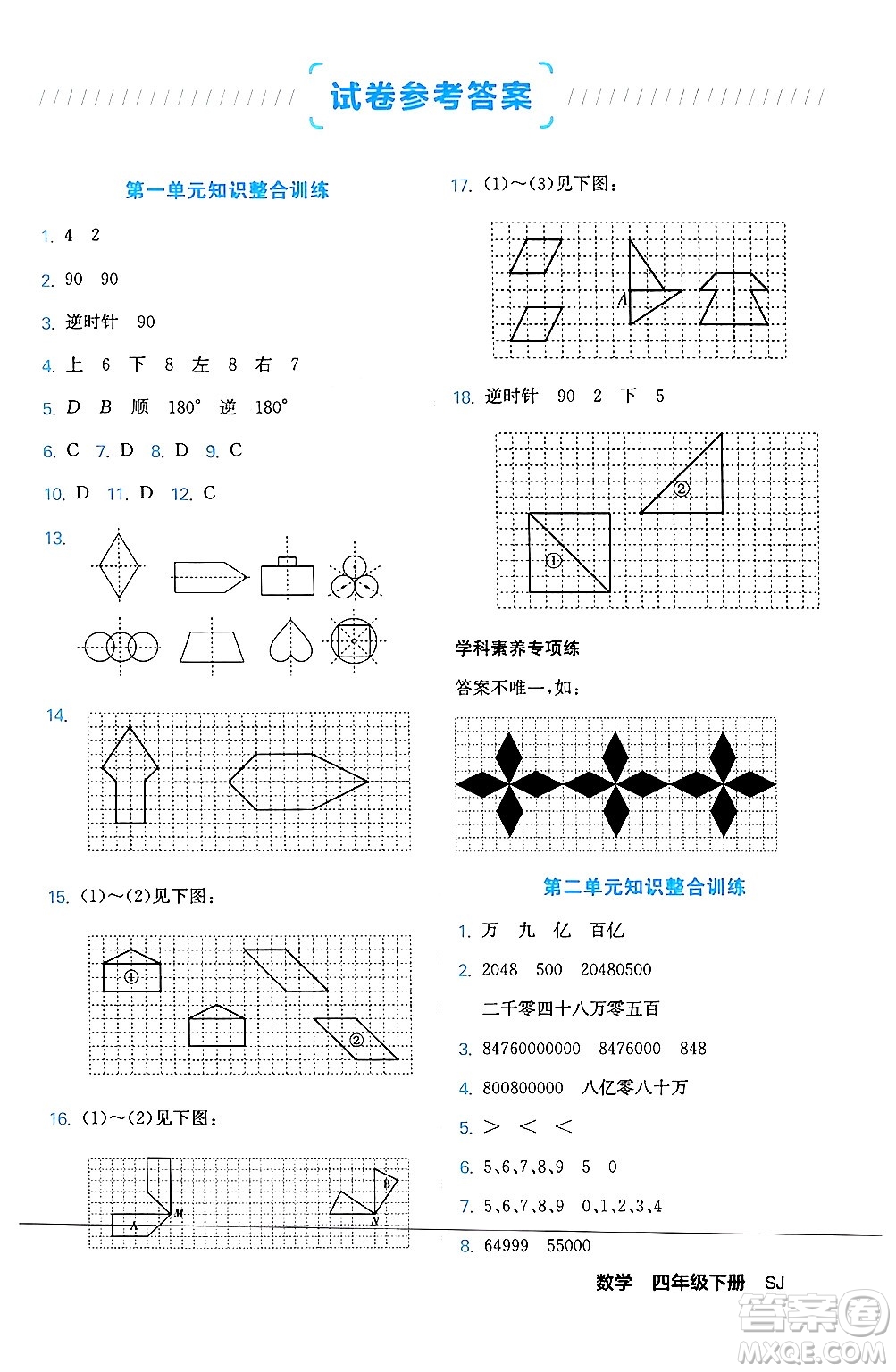 合肥工業(yè)大學(xué)出版社2024年春黃岡課課通同步隨堂檢測(cè)四年級(jí)數(shù)學(xué)下冊(cè)蘇教版答案