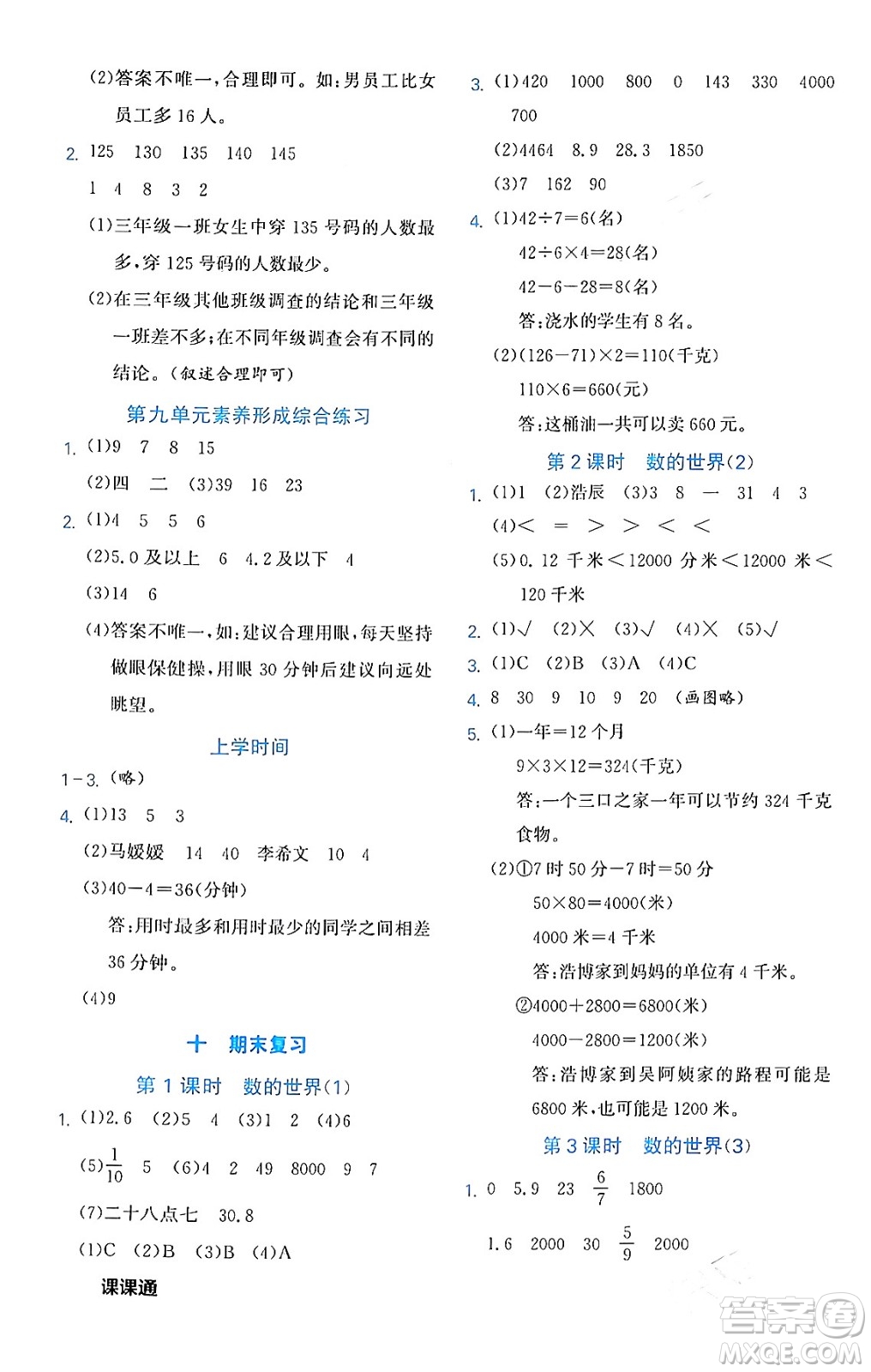 合肥工業(yè)大學出版社2024年春黃岡課課通同步隨堂檢測三年級數學下冊蘇教版答案