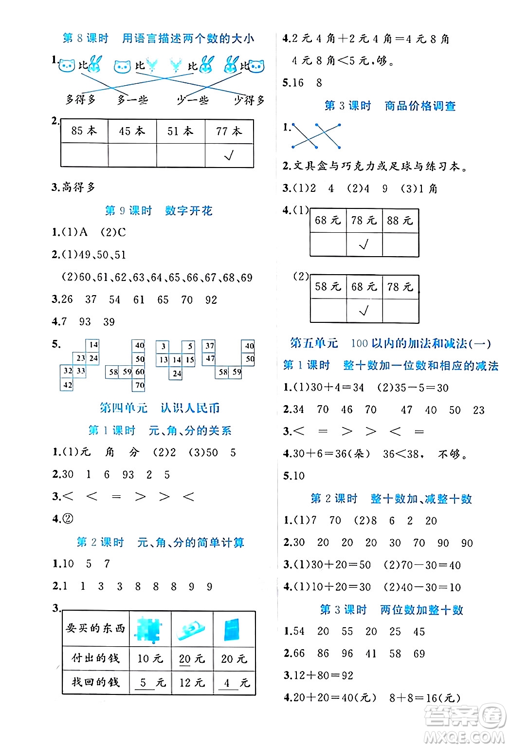 黑龍江教育出版社2024年春黃岡新課堂一年級數(shù)學(xué)下冊冀教版答案