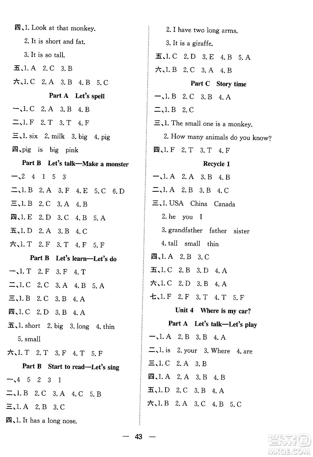 合肥工業(yè)大學(xué)出版社2024年春快樂學(xué)習(xí)小學(xué)英語隨堂練三年級英語下冊人教PEP版答案