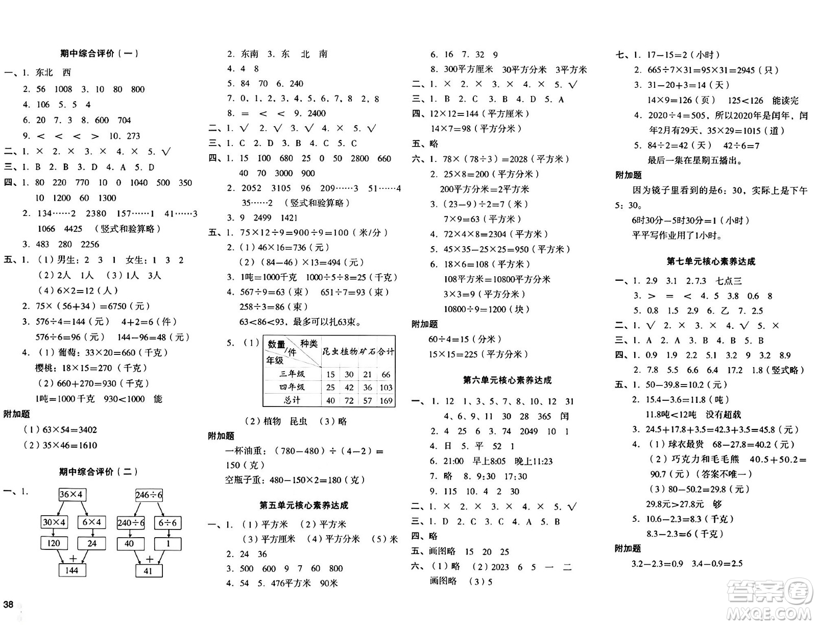 湖南教育出版社2024年春學(xué)科素養(yǎng)與能力提升三年級(jí)數(shù)學(xué)下冊(cè)人教版答案